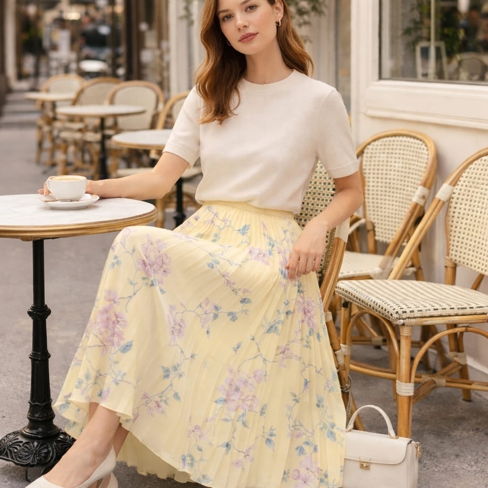 RED Valentino Pleated Floral Midi Skirt Pastel Yellow Italy Size 42, MSRP $975 - Picture 4 of 16